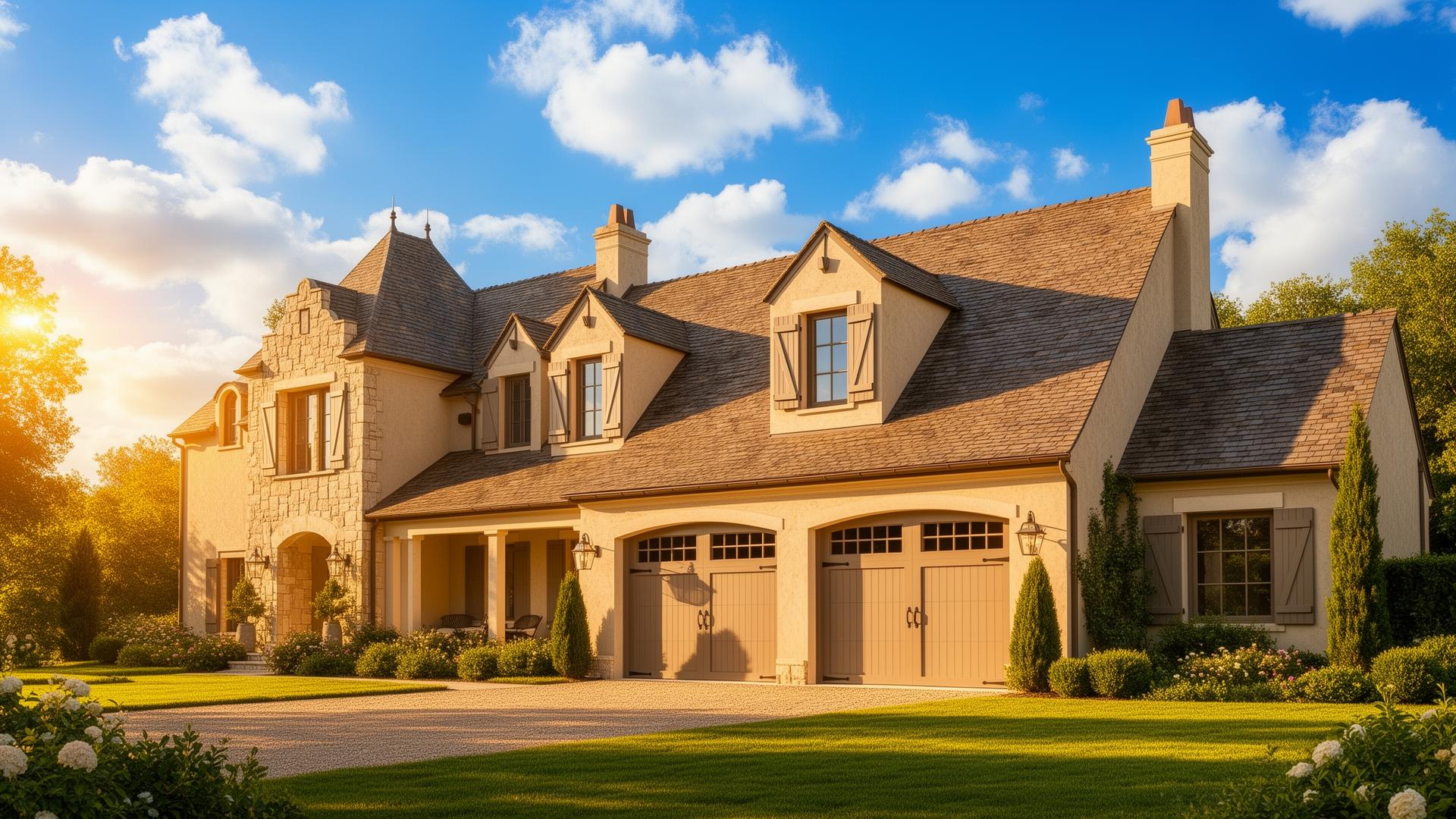 Beautiful French country estate with craftsman style carriage garage doors featuring rectangular windows